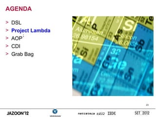 AGENDA

> DSL
> Project Lambda
        2
> AOP
> CDI
> Grab Bag




                   23
 