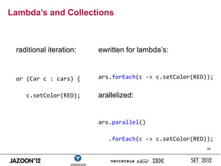 Lambda’s and Collections



 raditional iteration:   ewritten for lambda’s:


 or (Car c : cars) {     ars.forEach(c -> c.setColor(RED));


    c.setColor(RED);     arallelized:


                         ars.parallel()

                            .forEach(c -> c.setColor(RED));
                                                         28
 