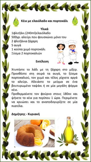 Κέικ με ελαιόλαδο και πορτοκάλι
Υλικά
1φλιτζάνι (240ml)ελαιόλαδο
500γρ. αλεύρι που φουσκώνει μόνο του
2 φλιτζάνια ζάχαρη
5 αυγά
1 κούπα χυμό πορτοκάλι
Ξύσμα 2 πορτοκαλιών
Εκτέλεση
Χτυπήστε το λάδι με τη ζάχαρη στο μίξερ.
Προσθέστε στη σειρά τα αυγά, το ξύσμα
πορτοκαλιού, τον χυμό και τέλος ρίχνετε αργά
το αλεύρι. Αδειάστε το μείγμα σε ένα
βουτυρωμένο ταψάκι ή σε μία μεγάλη φόρμα
κέικ.
Προθερμαίνετε τον φούρνο στους 180οc και
ψήνετε το κέικ για περίπου 1 ώρα. Περιμένετε
να κρυώσει και το αναποδογυρίζετε σε μία
πιατέλα.
Δημήτρης - Κυριακή
 