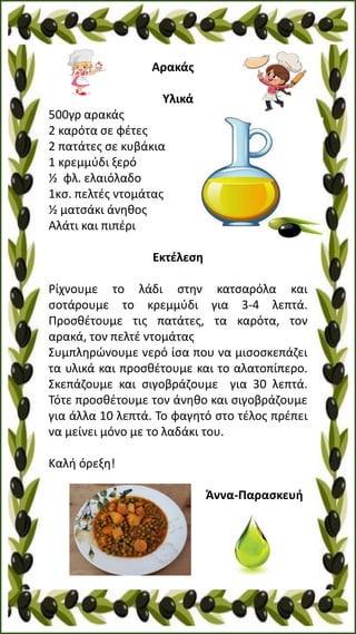 Αρακάς
Υλικά
500γρ αρακάς
2 καρότα σε φέτες
2 πατάτες σε κυβάκια
1 κρεμμύδι ξερό
½ φλ. ελαιόλαδο
1κσ. πελτές ντομάτας
½ ματσάκι άνηθος
Αλάτι και πιπέρι
Εκτέλεση
Ρίχνουμε το λάδι στην κατσαρόλα και
σοτάρουμε το κρεμμύδι για 3-4 λεπτά.
Προσθέτουμε τις πατάτες, τα καρότα, τον
αρακά, τον πελτέ ντομάτας
Συμπληρώνουμε νερό ίσα που να μισοσκεπάζει
τα υλικά και προσθέτουμε και το αλατοπίπερο.
Σκεπάζουμε και σιγοβράζουμε για 30 λεπτά.
Τότε προσθέτουμε τον άνηθο και σιγοβράζουμε
για άλλα 10 λεπτά. Το φαγητό στο τέλος πρέπει
να μείνει μόνο με το λαδάκι του.
Καλή όρεξη!
Άννα-Παρασκευή
 