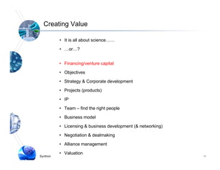 Creating Value

          • It is all about science……

          • …or…?


          • Financing/venture capital

              j
          • Objectives

          • Strategy & Corporate development

          • Projects (products)

          • IP

          • Team – find the right people

          • Business model

          • Licensing & business development (& networking)

          • Negotiation & dealmaking

          • Alliance management

          • Valuation
Synthon                                                       15
 