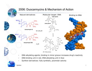 2006: Duocarmycins & Mechanism of Action
      Natural derivatives               Molecular target: DNA        Binding to DNA




                            40 100
                            40-100 pM




                            6 pM




  -       DNA alkylating agents; binding in minor groove increases drug's reactivity
  -       DNA-binding
          DNA binding unit in red, DNA-alkylating unit in blue
                              red DNA alkylating
  -       Synthon derivatives: fully synthetic, picomolar activity

Synthon                                                                                9
 