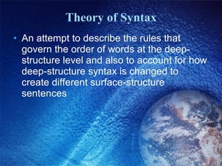 Theory of Syntax An attempt to describe the rules that govern the order of words at the deep-structure level and also to account for how deep-structure syntax is changed to create different surface-structure sentences 