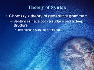 Theory of Syntax Chomsky’s theory of generative grammar: Sentences have both a surface and a deep structure The chicken was too hot to eat. 