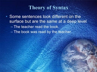 Theory of Syntax Some sentences look different on the surface but are the same at a deep level The teacher read the book. The book was read by the teacher. 