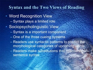 Syntax and the Two Views of Reading Word Recognition View Syntax plays a limited role Sociopsycholinguistic View Syntax is a important component One of the three cueing systems Readers use syntactic patterns to predict the morphological categories of upcoming words.  Readers make substitutions that maintain the sentence syntax. 