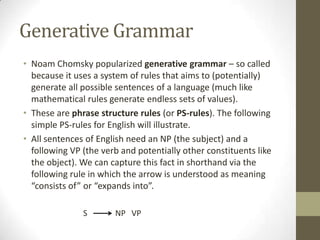 Generative Grammar
• Noam Chomsky popularized generative grammar – so called
because it uses a system of rules that aims to (potentially)
generate all possible sentences of a language (much like
mathematical rules generate endless sets of values).
• These are phrase structure rules (or PS-rules). The following
simple PS-rules for English will illustrate.
• All sentences of English need an NP (the subject) and a
following VP (the verb and potentially other constituents like
the object). We can capture this fact in shorthand via the
following rule in which the arrow is understood as meaning
“consists of” or “expands into”.
S NP VP
 