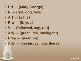 •
•
•
•
•
•
•
•

PN → {Mary,George}
N → {girl, dog, boy}
Art → {a,the}
Pro → {it, you}
V → {followed, say, run}
Adj → {green, tall, intelligent}
Prep → {near, on}
Adv → {yesterday, late, there}

Powerpoint Templates

Page 19

 