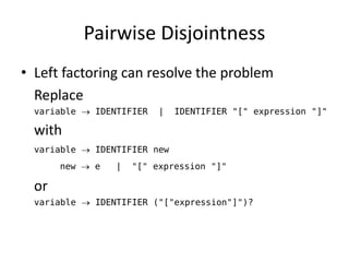 Pairwise Disjointness 
•Left factoring can resolve the problem 
Replace 
variable  IDENTIFIER | IDENTIFIER "[" expression "]" 
with 
variable  IDENTIFIER new 
new  e | "[" expression "]" 
or 
variable  IDENTIFIER ("["expression"]")?  