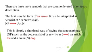 There are three more symbols that are commonly used in syntactic
description.
The first is in the form of an arrow. It can be interpreted as
‘consist of ‘ or ‘rewrite as’.
NP Art N
This is simply a shorthand way of saying that a noun phrase
(NP) such as the dog consist of or rewrite as ( ) an article
the and a noun (N) dog.
1 6/21/2015
19
 