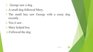 5. George saw a dog .
6. A small dog followed Mary.
7. The small boy saw George with a crazy dog
recently .
8. You it saw .
9. Mary helped boy.
10.Followed the dog
1 6/21/2015
30
 