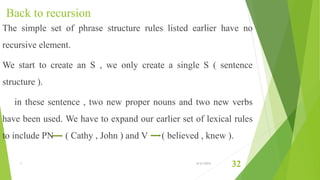 Back to recursion
The simple set of phrase structure rules listed earlier have no
recursive element.
We start to create an S , we only create a single S ( sentence
structure ).
in these sentence , two new proper nouns and two new verbs
have been used. We have to expand our earlier set of lexical rules
to include PN ( Cathy , John ) and V ( believed , knew ).
1 6/21/2015
32
 