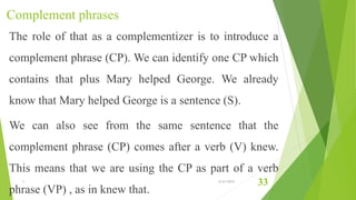 Complement phrases
The role of that as a complementizer is to introduce a
complement phrase (CP). We can identify one CP which
contains that plus Mary helped George. We already
know that Mary helped George is a sentence (S).
We can also see from the same sentence that the
complement phrase (CP) comes after a verb (V) knew.
This means that we are using the CP as part of a verb
phrase (VP) , as in knew that.
1 6/21/2015
33
 
