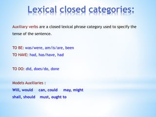 Lexical closed categories:
Auxiliary verbs are a closed lexical phrase category used to specify the
tense of the sentence.
TO BE: was/were, am/is/are, been
TO HAVE: had, has/have, had
TO DO: did, does/do, done
Models Auxiliaries :
Will, would can, could may, might
shall, should must, ought to
 