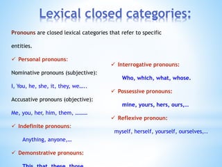 Lexical closed categories:
Pronouns are closed lexical categories that refer to specific
entities.
 Personal pronouns:
Nominative pronouns (subjective):
I, You, he, she, it, they, we…..
Accusative pronouns (objective):
Me, you, her, him, them, ………
 Indefinite pronouns:
Anything, anyone,…
 Demonstrative pronouns:
 Interrogative pronouns:
Who, which, what, whose.
 Possessive pronouns:
mine, yours, hers, ours,…
 Reflexive pronoun:
myself, herself, yourself, ourselves,..
 