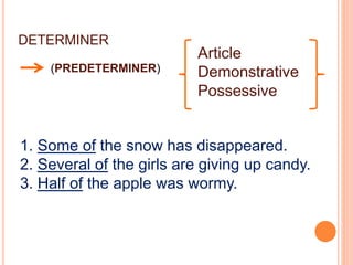 DETERMINER
(PREDETERMINER)
Article
Demonstrative
Possessive
1. Some of the snow has disappeared.
2. Several of the girls are giving up candy.
3. Half of the apple was wormy.
 