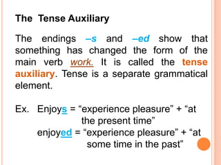 The Tense Auxiliary
The endings –s and –ed show that
something has changed the form of the
main verb work. It is called the tense
auxiliary. Tense is a separate grammatical
element.
Ex. Enjoys = “experience pleasure” + “at
the present time”
enjoyed = “experience pleasure” + “at
some time in the past”
 