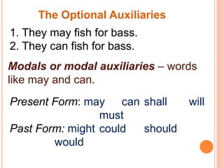 The Optional Auxiliaries
1. They may fish for bass.
2. They can fish for bass.
Modals or modal auxiliaries – words
like may and can.
Present Form: may can shall will
must
Past Form: might could should
would
 