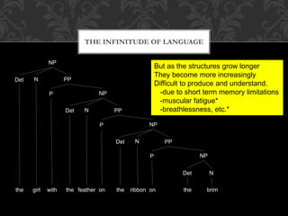 THE INFINITUDE OF LANGUAGE
NP
Det N PP
P NP
Det N PP
P NP
Det N PP
P NP
Det N
the girl with the feather on the ribbon on the brim
But as the structures grow longer
They become more increasingly
Difficult to produce and understand.
-due to short term memory limitations
-muscular fatigue*
-breathlessness, etc.*
 