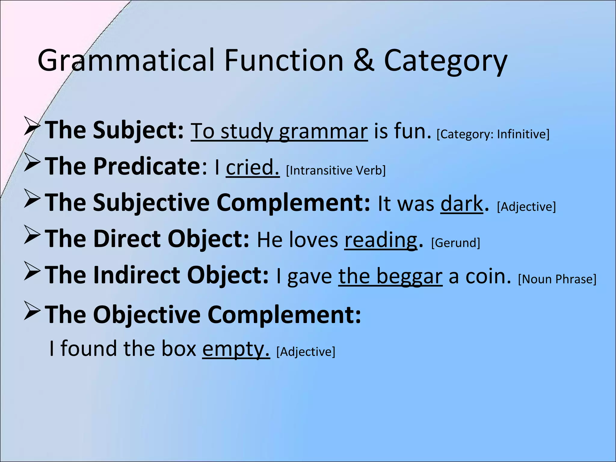 Grammatical Function & Category
The Subject: To study grammar is fun. [Category: Infinitive]
The Predicate: I cried. [Intransitive Verb]
The Subjective Complement: It was dark. [Adjective]
The Direct Object: He loves reading. [Gerund]
The Indirect Object: I gave the beggar a coin. [Noun Phrase]
The Objective Complement:
I found the box empty. [Adjective]
 