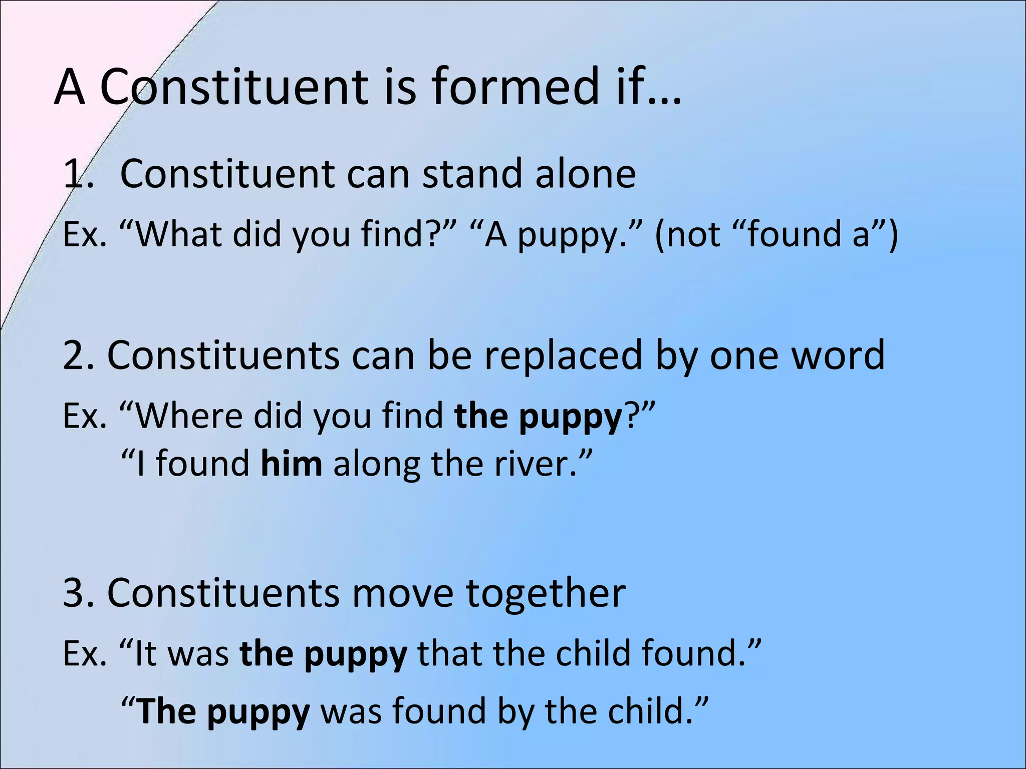 A Constituent is formed if…
1. Constituent can stand alone
Ex. “What did you find?” “A puppy.” (not “found a”)
2. Constituents can be replaced by one word
Ex. “Where did you find the puppy?”
“I found him along the river.”
3. Constituents move together
Ex. “It was the puppy that the child found.”
“The puppy was found by the child.”
 