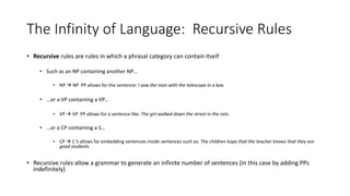 The Infinity of Language: Recursive Rules
• Recursive rules are rules in which a phrasal category can contain itself
• Such as an NP containing another NP…
• NP  NP PP allows for the sentence: I saw the man with the telescope in a box.
• …or a VP containing a VP…
• VP  VP PP allows for a sentence like: The girl walked down the street in the rain.
• …or a CP containing a S…
• CP  C S allows for embedding sentences inside sentences such as: The children hope that the teacher knows that they are
good students.
• Recursive rules allow a grammar to generate an infinite number of sentences (in this case by adding PPs
indefinitely)
 