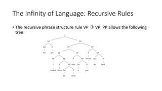 The Infinity of Language: Recursive Rules
• The recursive phrase structure rule VP  VP PP allows the following
tree:
 