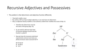 Recursive Adjectives and Possessives
• The problem is that determiners and adjectives function differently
• They both modify a noun
• But, while an NP can have multiple adjectives, it can only have one determiner
• Also, an adjective directly modifies a noun whereas a determiner modifies the chunk of Adj + N
• Therefore the determiner must be
the sister of the group [Adj + N]
• So, we need to add one more level
of structure between the NP and the
N which is called N’
• Now we have the necessary sisterhood
requirements and we must revise our
phrase structure rules to account for N’
NP  Det N’
N’  Adj N
N’  N
 