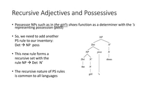 Recursive Adjectives and Possessives
• Possessor NPs such as in the girl’s shoes function as a determiner with the ‘s
representing possession (poss)
• So, we need to add another
PS rule to our inventory:
Det  NP poss
• This new rule forms a
recursive set with the
rule NP  Det N’
• The recursive nature of PS rules
is common to all languages
 