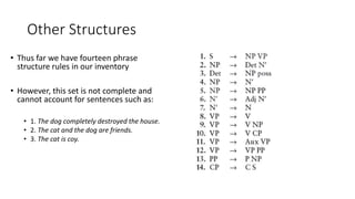 Other Structures
• Thus far we have fourteen phrase
structure rules in our inventory
• However, this set is not complete and
cannot account for sentences such as:
• 1. The dog completely destroyed the house.
• 2. The cat and the dog are friends.
• 3. The cat is coy.
 