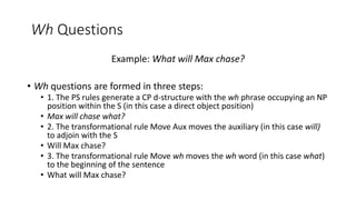 Wh Questions
Example: What will Max chase?
• Wh questions are formed in three steps:
• 1. The PS rules generate a CP d-structure with the wh phrase occupying an NP
position within the S (in this case a direct object position)
• Max will chase what?
• 2. The transformational rule Move Aux moves the auxiliary (in this case will)
to adjoin with the S
• Will Max chase?
• 3. The transformational rule Move wh moves the wh word (in this case what)
to the beginning of the sentence
• What will Max chase?
 