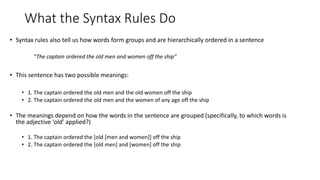 What the Syntax Rules Do
• Syntax rules also tell us how words form groups and are hierarchically ordered in a sentence
“The captain ordered the old men and women off the ship”
• This sentence has two possible meanings:
• 1. The captain ordered the old men and the old women off the ship
• 2. The captain ordered the old men and the women of any age off the ship
• The meanings depend on how the words in the sentence are grouped (specifically, to which words is
the adjective ‘old’ applied?)
• 1. The captain ordered the [old [men and women]] off the ship
• 2. The captain ordered the [old men] and [women] off the ship
 
