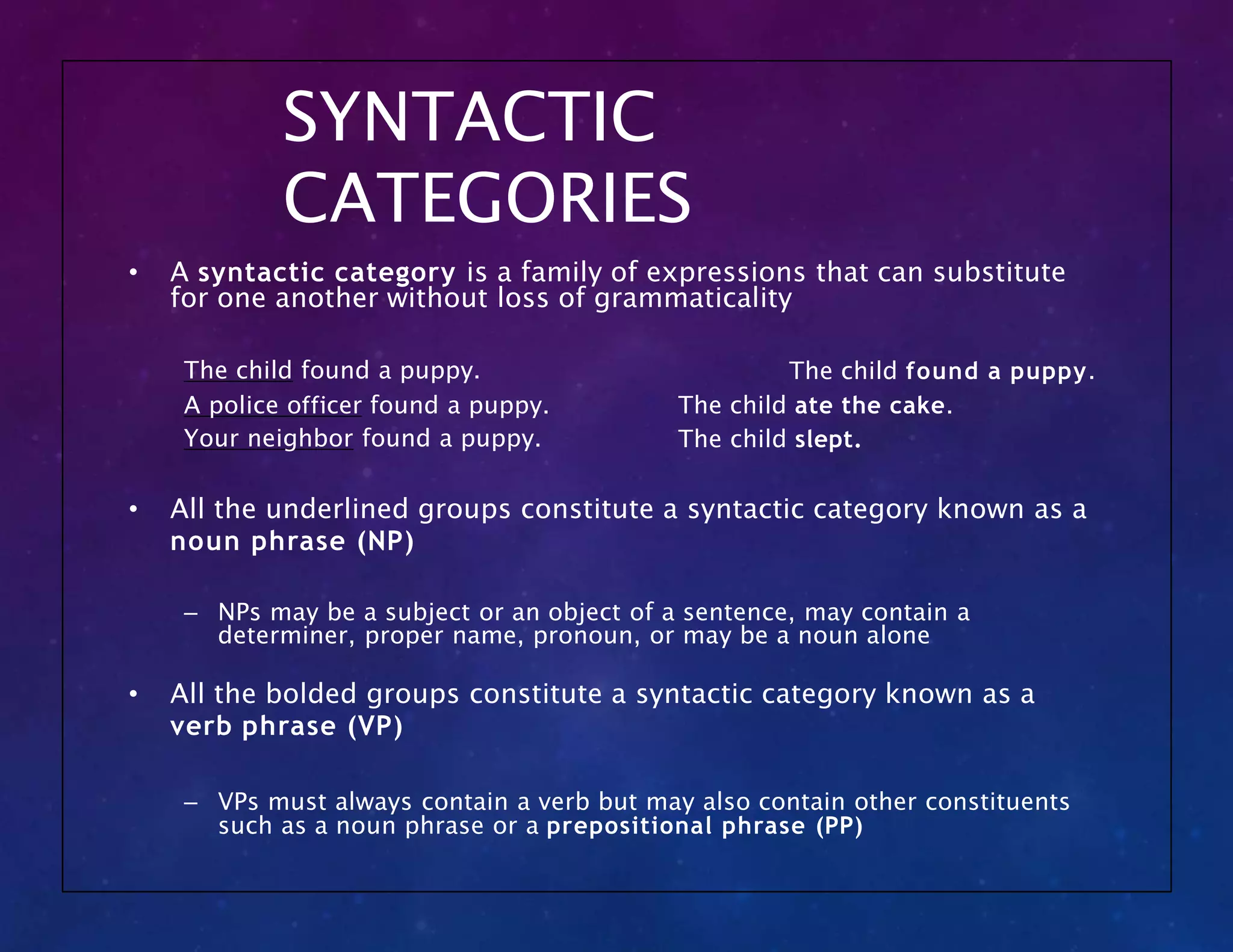 SYNTACTIC
CATEGORIES
• A syntactic category is a family of expressions that can substitute
for one another without loss of grammaticality
The child found a puppy.
A police officer found a puppy.
Your neighbor found a puppy.
The child found a puppy.
The child ate the cake.
The child slept.
• All the underlined groups constitute a syntactic category known as a
noun phrase (NP)
– NPs may be a subject or an object of a sentence, may contain a
determiner, proper name, pronoun, or may be a noun alone
• All the bolded groups constitute a syntactic category known as a
verb phrase (VP)
– VPs must always contain a verb but may also contain other constituents
such as a noun phrase or a prepositional phrase (PP)
 