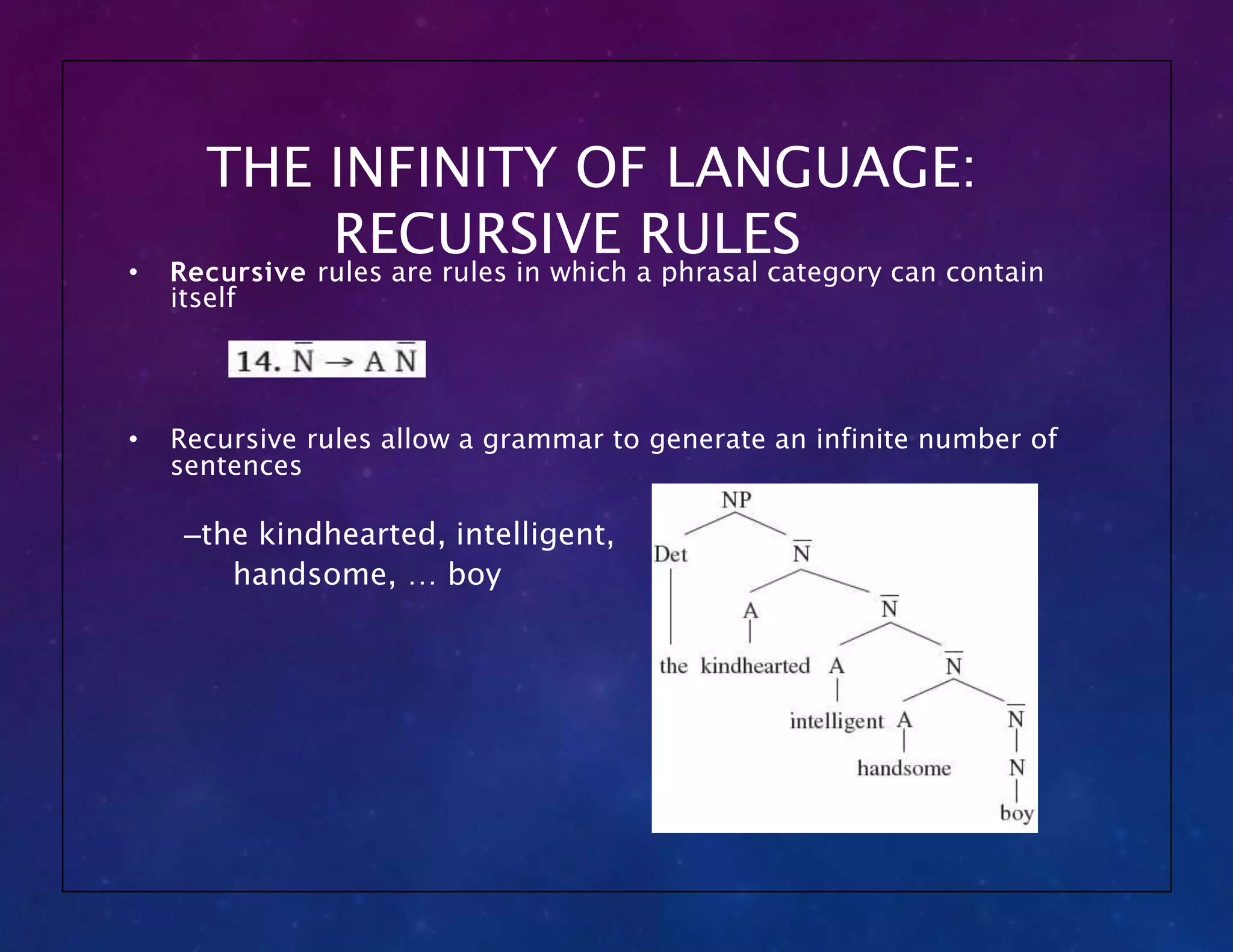 THE INFINITY OF LANGUAGE:
RECURSIVE RULES
• Recursive rules are rules in which a phrasal category can contain
itself
• Recursive rules allow a grammar to generate an infinite number of
sentences
–the kindhearted, intelligent,
handsome, … boy
 