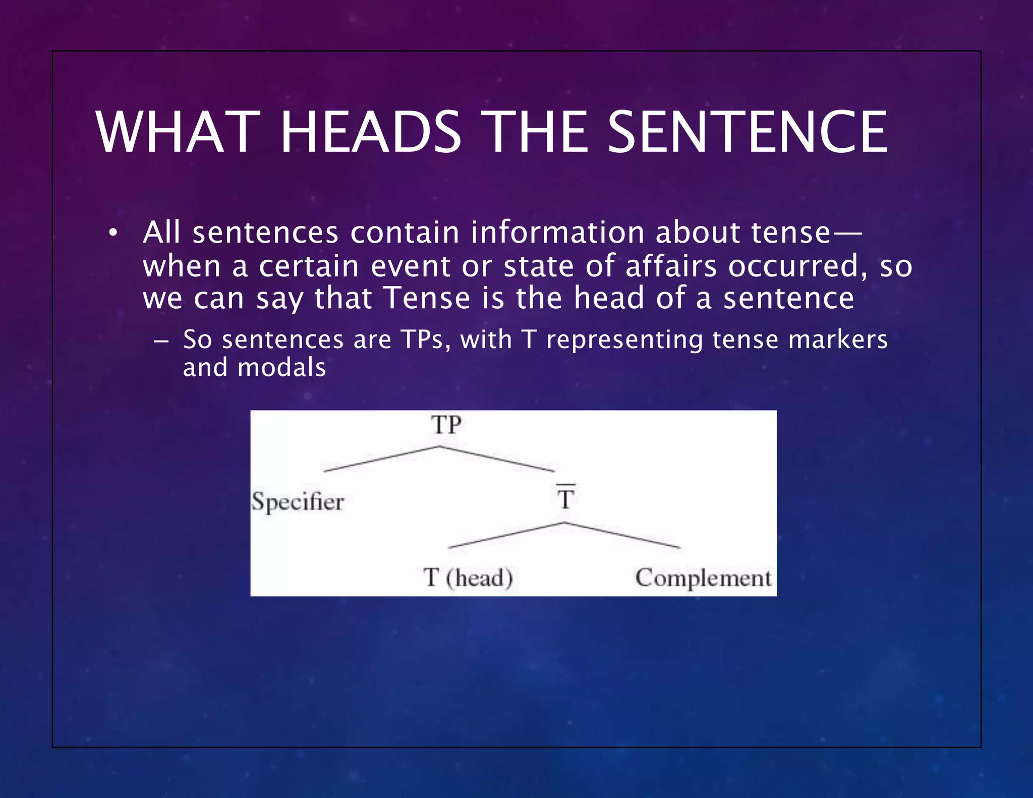 WHAT HEADS THE SENTENCE
• All sentences contain information about tense—
when a certain event or state of affairs occurred, so
we can say that Tense is the head of a sentence
– So sentences are TPs, with T representing tense markers
and modals
 