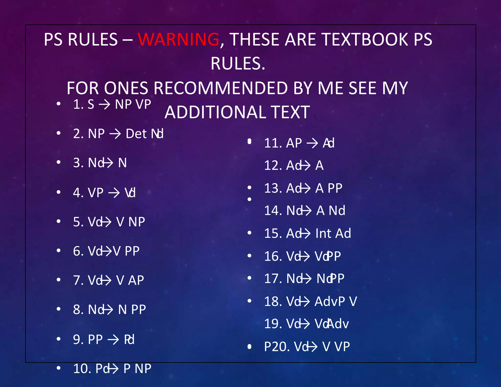 PS RULES – WARNING, THESE ARE TEXTBOOK PS
RULES.
FOR ONES RECOMMENDED BY ME SEE MY
ADDITIONAL TEXT
• 1. S → NP VP
• 2. NP → Det N
d •
• 3. Nd
→ N
• 4. VP → V
d •
• 5. Vd
→ V NP
• 6. Vd
→V PP
• 7. Vd
→ V AP
• 8. Nd
→ N PP
• 9. PP → P
d
•
• 10. Pd
→ P NP
• 11. AP → A
d
12. Ad
→ A
• 13. Ad
→ A PP
14. Nd
→ A Nd
• 15. Ad
→ Int Ad
• 16. Vd
→ Vd
PP
• 17. Nd
→ Nd
PP
• 18. Vd
→ AdvP V
19. Vd
→ Vd
Adv
• P20. Vd
→ V VP
 