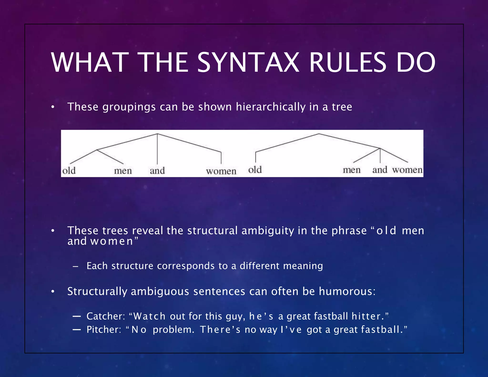 WHAT THE SYNTAX RULES DO
• These groupings can be shown hierarchically in a tree
• These trees reveal the structural ambiguity in the phrase “ o l d men
and women”
– Each structure corresponds to a different meaning
• Structurally ambiguous sentences can often be humorous:
– Catcher: “Watch out for this guy, h e ’ s a great fastball hitter.”
– Pitcher: “ N o problem. There’s no way I ’ v e got a great fastball.”
 