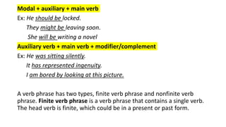 Modal + auxiliary + main verb
Ex: He should be locked.
They might be leaving soon.
She will be writing a novel
Auxiliary verb + main verb + modifier/complement
Ex: He was sitting silently.
It has represented ingenuity.
I am bored by looking at this picture.
A verb phrase has two types, finite verb phrase and nonfinite verb
phrase. Finite verb phrase is a verb phrase that contains a single verb.
The head verb is finite, which could be in a present or past form.
 