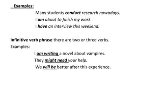 Examples:
Many students conduct research nowadays.
I am about to finish my work.
I have an interview this weekend.
Infinitive verb phrase there are two or three verbs.
Examples:
I am writing a novel about vampires.
They might need your help.
We will be better after this experience.
 