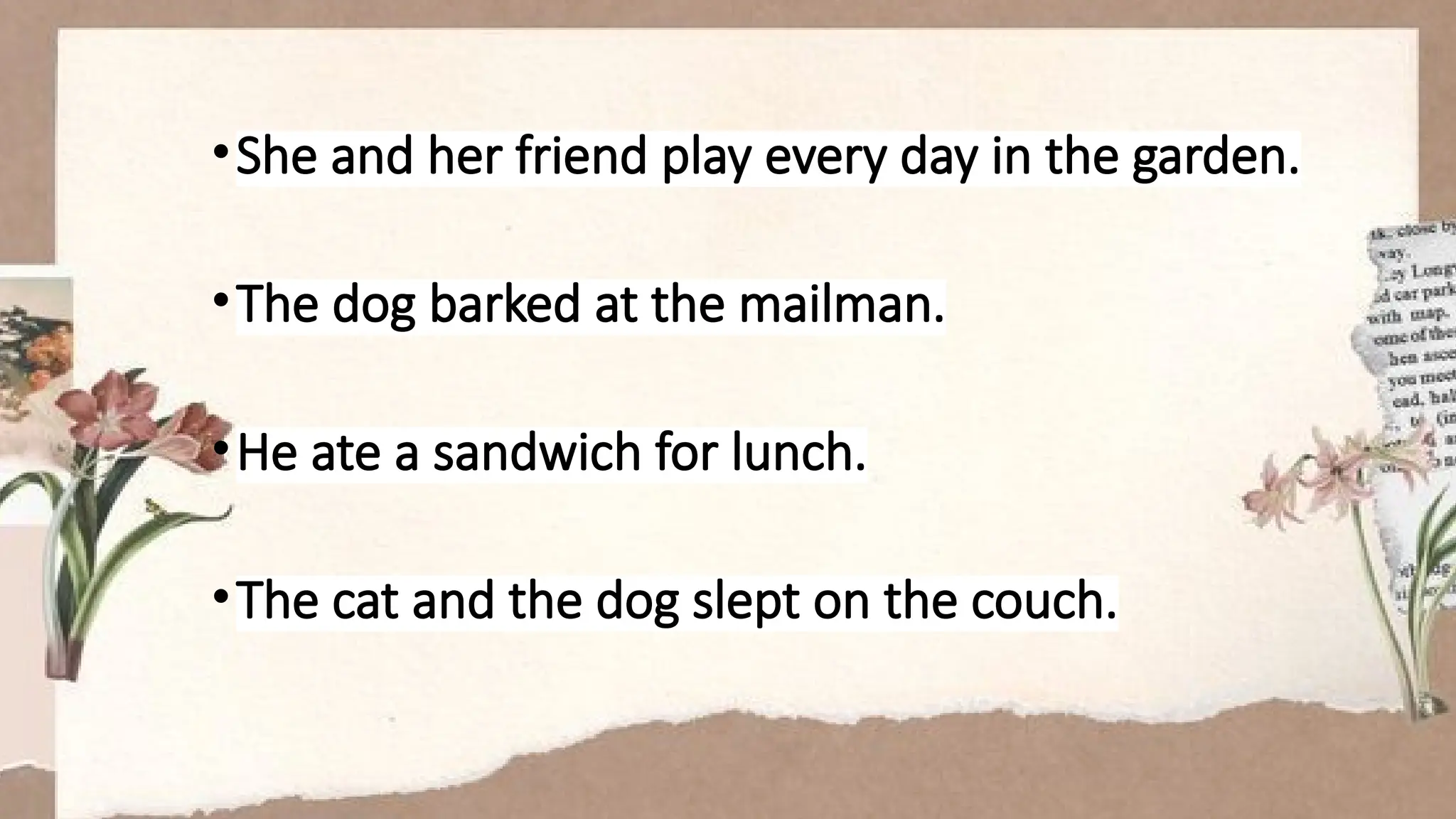 •She and her friend play every day in the garden.
•The dog barked at the mailman.
•He ate a sandwich for lunch.
•The cat and the dog slept on the couch.
 
