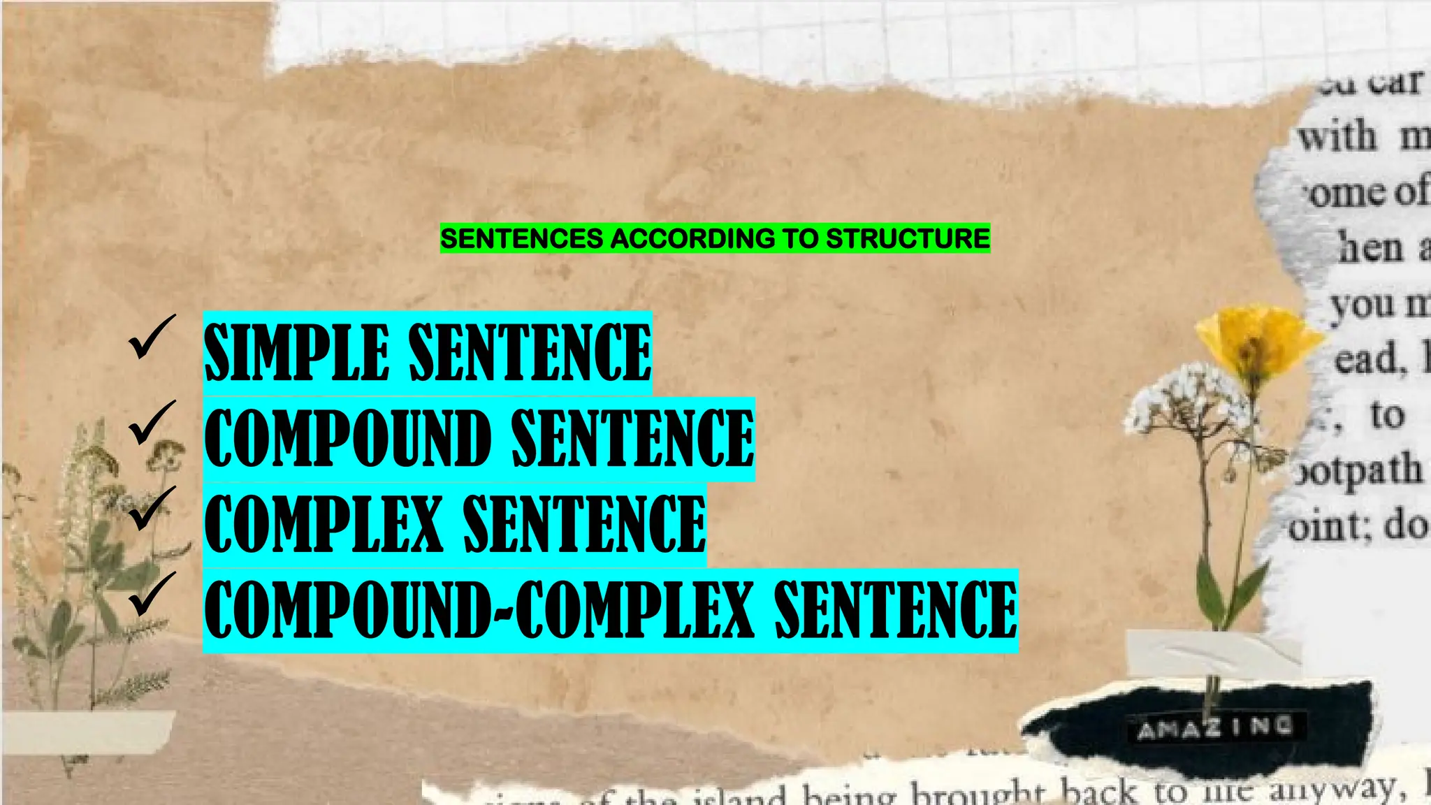 SENTENCES ACCORDING TO STRUCTURE
 SIMPLE SENTENCE
 COMPOUND SENTENCE
 COMPLEX SENTENCE
 COMPOUND-COMPLEX SENTENCE
 