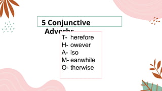 5 Conjunctive
Adverbs
herefore
owever
lso
eanwhile
therwise
T-
H-
A-
M-
O-
 