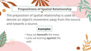 The preposition of spatial relationship is used to
denote an object’s movement away from the source
and towards a source.
Prepositions of Spatial Relationship
Examples:
• Anya sat beneath the trees.
• Lana sat leaning against the
wall.
 