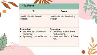 • To/From
To From
used to denote the end
location.
used to denote the starting
location
Examples:
• We went to London with
my family.
• I gave my coat to Sandra.
Examples:
• I received a letter from
my boyfriend.
• I borrowed this book from
him.
 