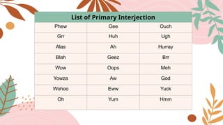 List of Primary Interjection
Phew Gee Ouch
Grr Huh Ugh
Alas Ah Hurray
Blah Geez Brr
Wow Oops Meh
Yowza Aw God
Wohoo Eww Yuck
Oh Yum Hmm
 