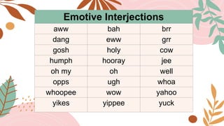 Emotive Interjections
aww bah brr
dang eww grr
gosh holy cow
humph hooray jee
oh my oh well
opps ugh whoa
whoopee wow yahoo
yikes yippee yuck
 