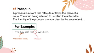 Pronoun
A pronoun is a word that refers to or takes the place of a
noun. The noun being referred to is called the antecedent.
The identity of the pronoun is made clear by the antecedent.
For Example:
• The boy said that he was tired.
Antecedent (noun) Pronoun
 