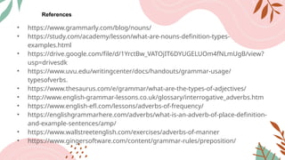 References
• https://www.grammarly.com/blog/nouns/
• https://study.com/academy/lesson/what-are-nouns-definition-types-
examples.html
• https://drive.google.com/file/d/1YrctBw_VATOjIT6DYUGELUOm4fNLmUgB/view?
usp=drivesdk
• https://www.uvu.edu/writingcenter/docs/handouts/grammar-usage/
typesofverbs.
• https://www.thesaurus.com/e/grammar/what-are-the-types-of-adjectives/
• http://www.english-grammar-lessons.co.uk/glossary/interrogative_adverbs.htm
• https://www.english-efl.com/lessons/adverbs-of-frequency/
• https://englishgrammarhere.com/adverbs/what-is-an-adverb-of-place-definition-
and-example-sentences/amp/
• https://www.wallstreetenglish.com/exercises/adverbs-of-manner
• https://www.gingersoftware.com/content/grammar-rules/preposition/
 