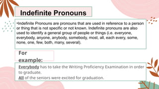 Indefinite Pronouns
•Indefinite Pronouns are pronouns that are used in reference to a person
or thing that is not specific or not known. Indefinite pronouns are also
used to identify a general group of people or things (i.e. everyone,
everybody, anyone, anybody, somebody, most, all, each every, some,
none, one, few, both, many, several).
Everybody has to take the Writing Proficiency Examination in order
to graduate.
All of the seniors were excited for graduation.
For
example:
 