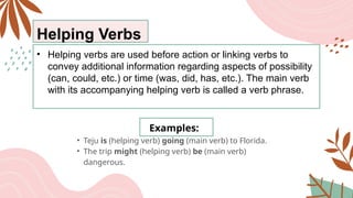 Helping Verbs
• Helping verbs are used before action or linking verbs to
convey additional information regarding aspects of possibility
(can, could, etc.) or time (was, did, has, etc.). The main verb
with its accompanying helping verb is called a verb phrase.
Examples:
• Teju is (helping verb) going (main verb) to Florida.
• The trip might (helping verb) be (main verb)
dangerous.
 